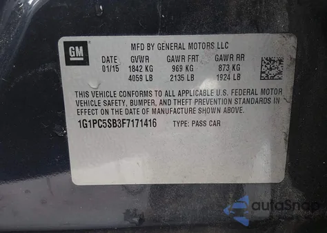 2015 Chevrolet Cruze 1Lt Auto from USA, damaged, VIN 1G1PC5SB3F7171416